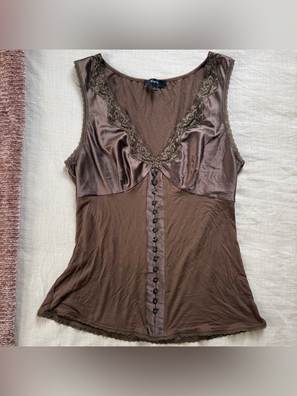 Vintage Y2K Express Brown Satin Lace Button Front Tank Top Size L